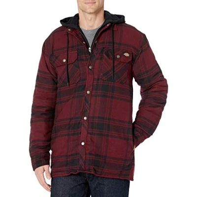 Image of Dickies Men&#039;s Relaxed Fit Hooded Quilted Shirt Jacket, Dark Port/Black Plaid, Medium