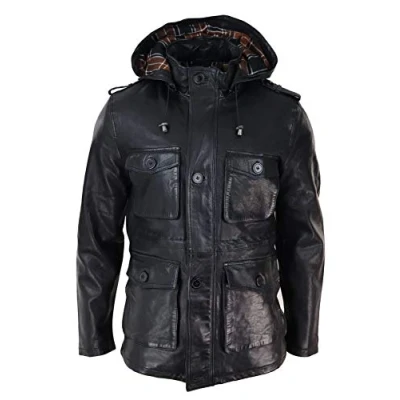 Image of Mens 3/4 Long Real Leather Duffle Jacket Coat Safari Detachable Hood Military Black L