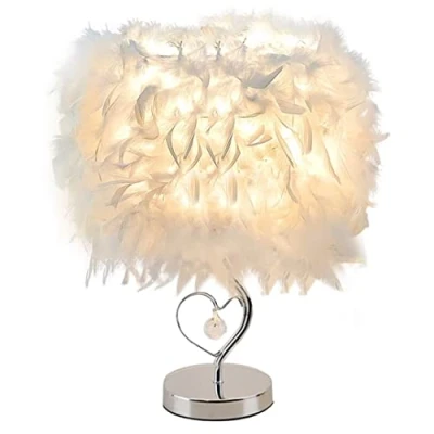 Image of GUANSHAN Feather Bedside Lamp Lampshade Modern Table Light Desk with Crystal in Heart &amp; Mental Base for Living Room, Bedroom, Bar, Restaurant, Hotel, L