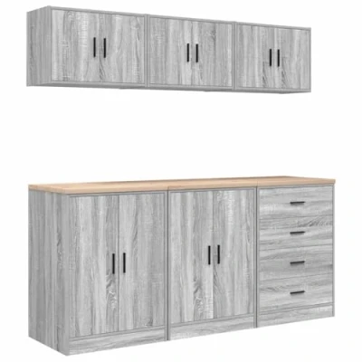 Image of vidaXL Grey Sonoma Garage Storage Cabinets Set Engineered Wood &amp; Pinewood Worktop 6 Piece Tool Organizer for Workshop Home Office
