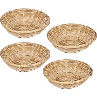 Image of Set Of 4 Vintage Round Natural Bamboo Wicker Bread Basket Handmade Woven Storage Trinket Fruit Hamper Trays 20cm New