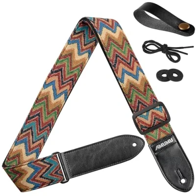 Image of Amumu Chevron Guitar Strap Multi Color Jacquard for Acoustic Electric and Bass includes Blocks &amp; Headstock Tie