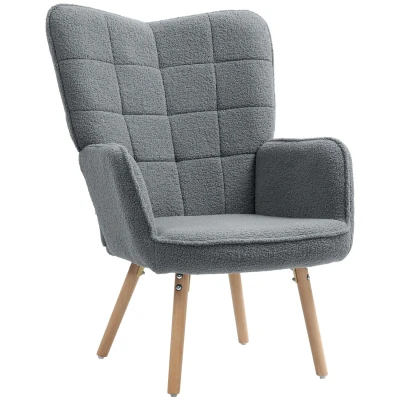 Image of HOMCOM Modern Accent Chair, Upholstered Tufted Wingback Armchair with Seat Padding, Leisure Lounge Bedroom Chair Wood Legs, Dark Grey
