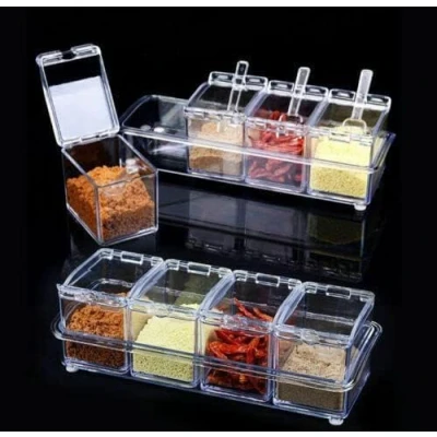 Image of Romaxx Acrlic Seasoning Spice Box Jar with Cover Spoon Kitchen Utensils Supplies Condiment Dispenser Storage Container 4Pcs Set