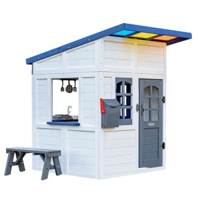 Image of Teamson Kids Wooden Playhouse Wendy House with Rainbow Shade, Interactive Kitchen, Working Doorbell, Mailbox &amp; Outdoor Bench, White