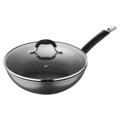 Image of MasterPro Forged Aluminium Wok with Glass Lid, 28cm Induction Base Non Stick Marble Coating, Professional Quality, Improved Heat Retention &amp; Distribution MP Home Edition Black
