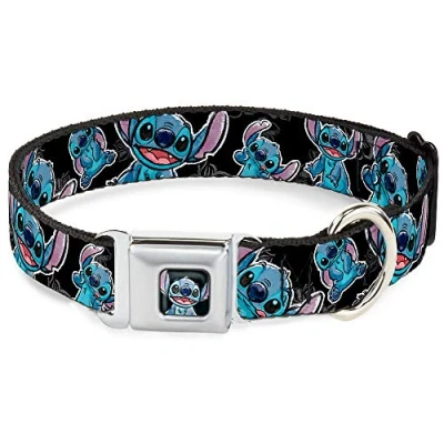 Image of Buckle Down Seatbelt Dog Collar Stitch Poses/Hibiscus Sketch Black/Gray/Blue 1.5&quot; Wide Fits 16 23&quot; Neck Medium