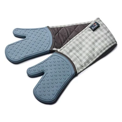 Image of Silicone Steam Stop Waterproof Oven Glove : Gingham Double Duck Egg Blue V133B