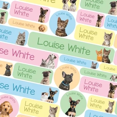 Image of 50 Name Labels for Kids No Iron Tags Clothes Stickers Water Bottles, School Uniform, School, Nursery, Care Homes, Washable and Dishwasher Safe Children (Puppies Kittens)