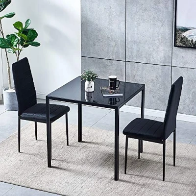 Image of Huisenuk Modern Black Glass Dining Table and Chairs Set of 2 for Small Kitchen, 3 Piece Tempered Square with Velvet Dinette Apartment Space Saving