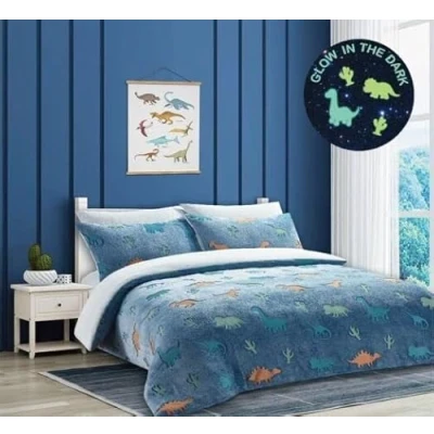 Image of HOMES LINEN Teddy Duvet Set Dinosaur Glow In The Dark Blue Kids Boys Girls Reversible Soft Feel Fleece Cover Quilt Bedding with Pillowcase (Single, Dinosaur)