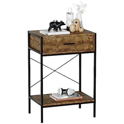 Image of Vida Designs Brooklyn Console Table Hallway Living Room Rustic Shelf Industrial Storage Furniture (Dark Wood, 1 Drawer)