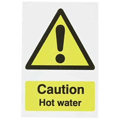 Image of Seco Caution Hot Water Sign, 50mm x 75mm (Pack of 5) 1mm Semi Rigid Plastic