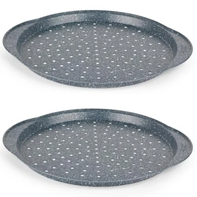 Image of Russell Hobbs COMBO 5447 Nightfall Stone Pizza Trays Set of 2 Round 14.5&quot; Pans, Non Stick Perforated Baking Trays, Carbon Steel, PFOA Free, Multi Pack Crisper Tray, Flatbreads &amp; Garlic Bread