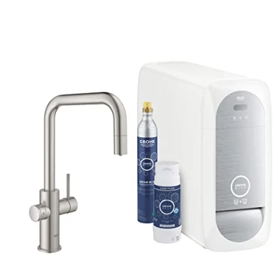 Image of GROHE Blue Home Duo Starter Kit Pull Out Kitchen Mixer for Filtered, Chilled and Sparkling Water, (Includes Cooler Unit, Filter Co2 Carbonization Bottle), Supersteel 31543DC0