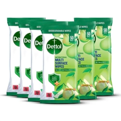 Image of Dettol Multi Surface Antibacterial Wipes, Plant Based Ingredient, Crisp Pear Fragrance, Multipack of 6 x 50 Wipes