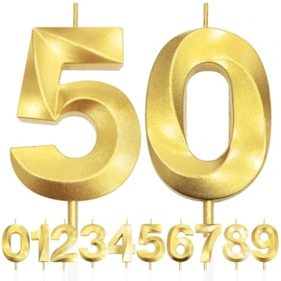 Image of 50th Birthday Candle, 3D Design Gold Glitter Number Candles, Cake Topper Decorations, Candle for Party, Wedding Anniversary, Baby Shower, Party Decoration
