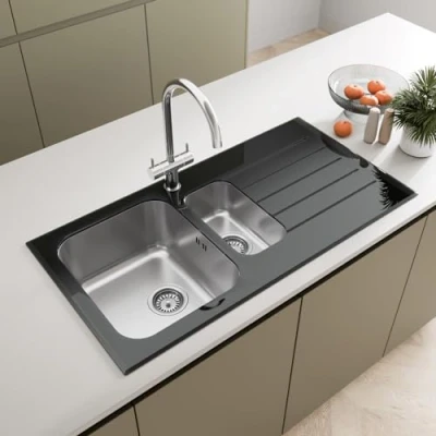 Image of Sauber 1000 x 500mm Stainless Steel Kitchen Sink Black Glass Surround 1.5 Bowl Inset Drop in Installation, Right Hand Drainer, 18/8 Grade Sinks, Free Strainer Waste