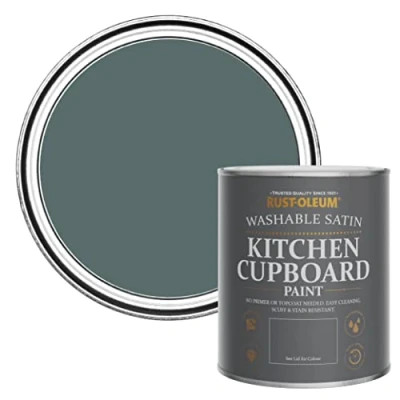 Image of Rust Oleum Green Scrubbable Kitchen Cupboard Paint in Satin Finish Deep Sea 750ml