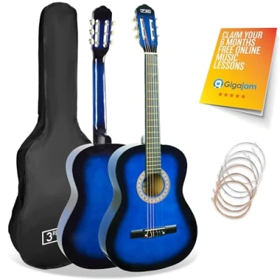 Image of 3rd Avenue 3/4 Size Kids Classical Guitar Spanish Nylon String Beginner Pack Bundle 6 Months FREE Lessons, Bag, Strings Blue