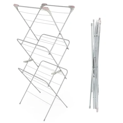 Image of Russell Hobbs LA083357PINKEU7 Laundry Airer 3 Tier Indoor Drying Rack, Folding Clothes Horse, Large 15M Air Dryer Space, Collapsible Compact Storage, Standing Fold Out Hanger Hooks, Pink/Grey