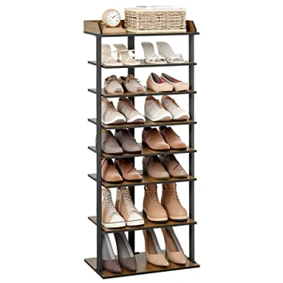 Image of Mondeer Tall Shoe Rack, 7 Tier Slim Shelf, Wooden Narrow Industrial Style for Entryway Hallway Bedroom, D47 x W28 H113 cm, Rustic Brown