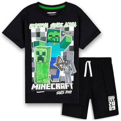 Image of Minecraft Boys Short Pyjamas Set Breathable 2 Piece Loungewear Gifts (Black, 9 10 Years)