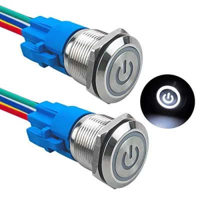Image of Aiqeer 2 Pcs 19 mm Self locking Latching Push Button Switch, 12V / 24V 5A Car Ignition Starter IP67 Waterproof Stainless Steel with Pre Wired Socket (White LED)