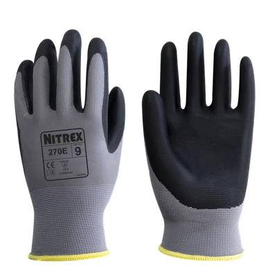 Image of NITREX 270E Work and Safety Gloves, Bag of 10 Pairs General Handling Gloves with Polyester Liner Foam Nitrile Palm Coating in Grey, Size 11