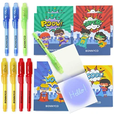 Image of BONNYCO Invisible Ink Pen and Notebook, Pack 8 Superhero Party Bags Fillers, Pinata Toys Birthday Decorations Stocking Fillers for Kids School Prizes, Gifts Children