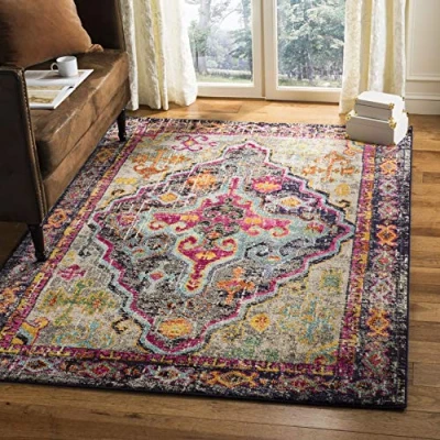 Image of SAFAVIEH Boho Chic Rug for Living Room, Dining Bedroom Monaco Collection, Short Pile, in Grey and Fuchsia, 91 X 152 cm