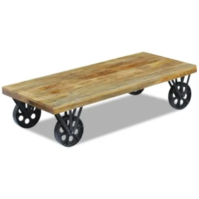 Image of vidaXL Mango Wood Coffee Table on Wheels Handmade Industrial Style Rectangular Furniture, 120x60x30 cm, for Living Room and Lounge Spaces