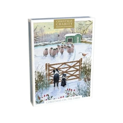 Image of Charity Christmas Cards Box of 16 BHF, Marie Curie, Mind, NSPCC, Shelter Dog, Donkey and Sheep Farm Scenes Artistic Festive Designs Eco Friendly Made in the UK