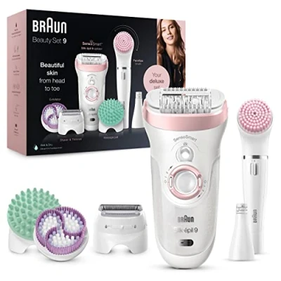 Image of Braun Silk épil 9 in 1 Hair Removal &amp; Beauty Set, Waterproof, White/Pink, Includes Facial Epilator, Lady Shaver, Trimmer, Exfoliator, Cleansing Brush