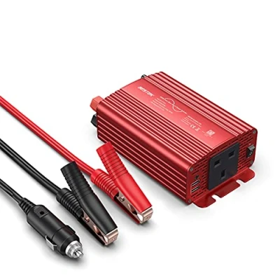 Image of BESTEK 300W Pure Sine Wave Power Inverter DC 12V to AC 230V 240V with 4.2A Dual Smart USB Ports Car Adapter for Cars, Vessels, and Failure Emergencies (300W Red)