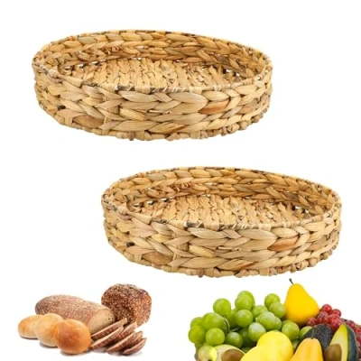 Image of YKUKIZEE 2 Pack Round Water Hyacinth Trays, Handmade Woven Tray Natural, Shallow Rattan Serving for Breakfast Coffee Dining Bread Fruit(32, 28 cm)