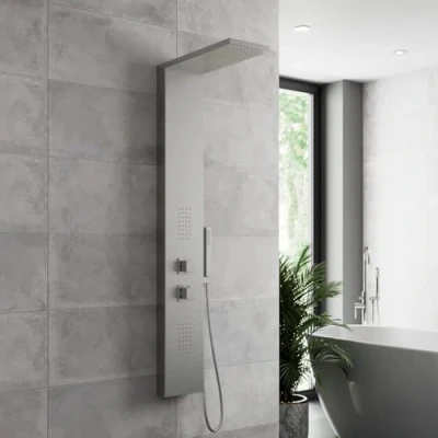 Image of Thermostatic Waterfall Rainfall Shower Panel System Water Tower Brushed Steel Column Body Massage Jets Hand Tub Spout Wall Mounted for Bathroom