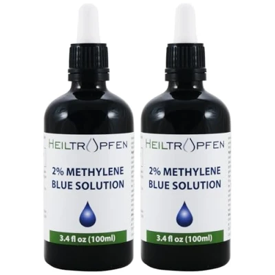 Image of 2X High Concentration 2% Methylene Blue Solution 3.4 fl oz (100 ml) Ultra Purity USP Pharma Grade Third Party Tested Formaldehyde Free Set of Two Glass Bottle Heiltropfen®