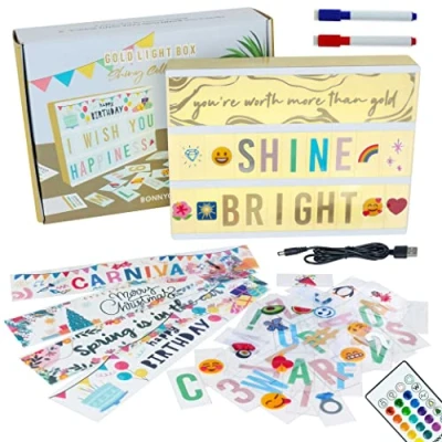 Image of BONNYCO Cinema Light Box A4 Gold 16 Colours with 400 Letters and Emojis, 10 Premium Cards, Remote Control, 2 Markers LED Up Box, Novelty Gifts for Women, Girls Christmas