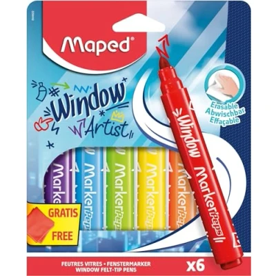 Image of Maped Marker&#039;Peps Window Felt Tip Pens for Windows, Wide 5 mm and Water Erasable Ink 6 Assorted with Glass Surfaces + 1 Microfibre Cloth 20 x cm