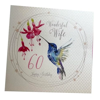 Image of WHITE COTTON CARDS Hummingbird, Wonderful Wife 60 Happy Handmade 60th Birthday Card, White, wb192