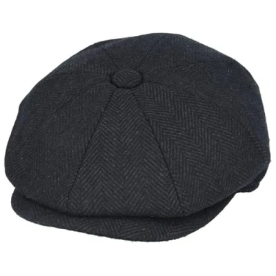 Image of Xposed Mens Herringbone Wool Blend Newsboy Flat Cap Traditional Gatsby 8 Panel Peak Hat [WN2161 BLACK S] Dark Charcoal