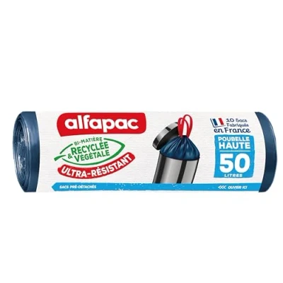 Image of Alfapac Pack of 10 x 50 L Tall Bin Bags with Drawstrings, Vegetal Origin, Set 2 Packs, White 60 85 cm