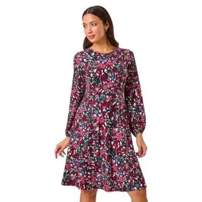 Image of Roman Originals Women Gathered Chest Dress Ladies Stretchy Fit &amp; Flare Swing Tea A Line Skater Knee Length Midi Smart Casual Work Round Neck Going Out Cocktail Party Pink Multi Size 18