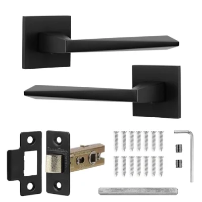 Image of Decoranddecor Black Door Handles Internal Aluminium Matt Handle Sets for Wooden Interior Doors with Fire Rated Tubular Mortice Latch Leda Range