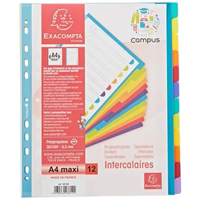 Image of Exacompta Ref 3812E Campus PP Dividers Suitable for A4+ Documents, 12 Tabbed Parts, 0.3mm Rigid Polypropylene, Pre Punched Folders Multi coloured