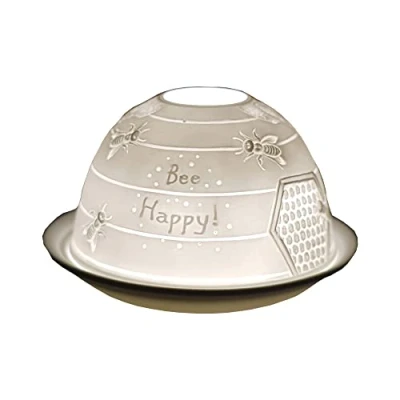 Image of Cello Porcelain Tealight Holder Dome, Bee Happy Design, a Stunning Candle Projecting 3D Loving Message. Ornament Use With Scented and Unscented Tealights Gifts For Women.