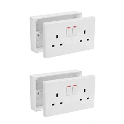 Image of Axiom 13A Double White Switched Socket &amp; Surface Mount 25mm Pattress Box 2 Gang Set Electrical Outlets (2)
