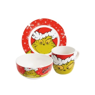 Image of United Labels Grinch Merry Grinchmas 3 Piece Breakfast Set, Red, Porcelain Crockery Set with Plate Diameter 19 cm, Cup 220 ml and Bowl 330
