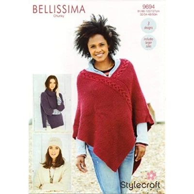 Image of Stylecraft Bellissima Chunky Pattern 9694 Sweater, Poncho and Hat, 3 Designs, Includes Larger Sizes